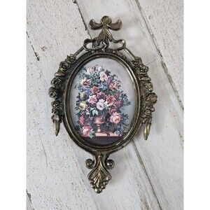 VINTAGE ANTIQUE Mini OVAL Ornate PICTURE FRAME w/Floral Arrangement ITALY 6.5"